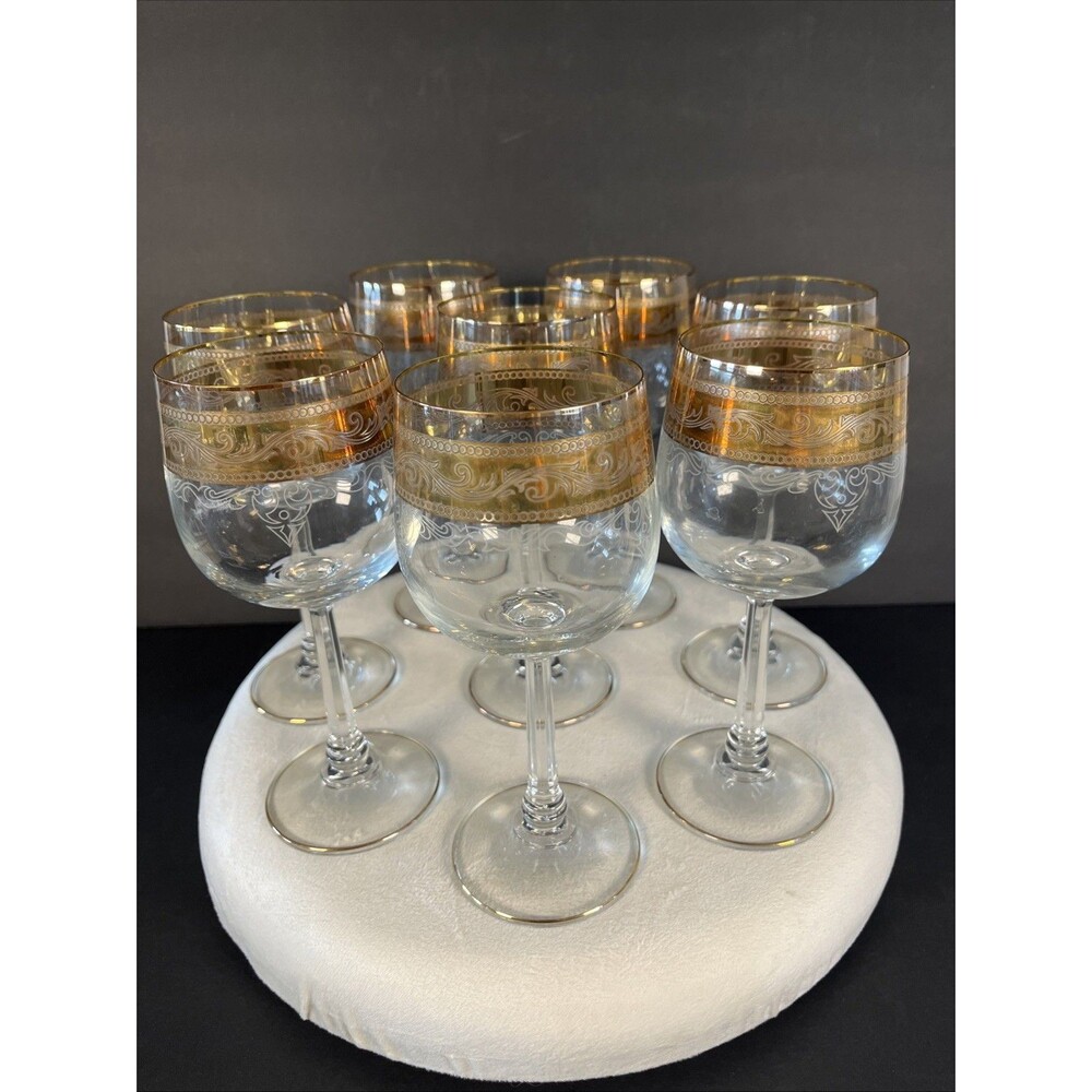 Vintage Stolzle Crystal Wine Goblet Glasses Gold Trim and White Band, Set of 8 - Picture 7 of 12